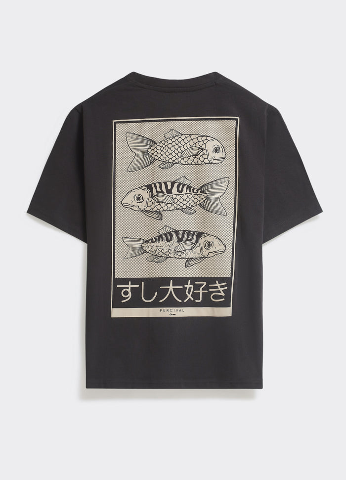 The Percival Tokyo T-Shirt in washed black cotton jersey, featuring a large koi fish and Japanese text back graphic.