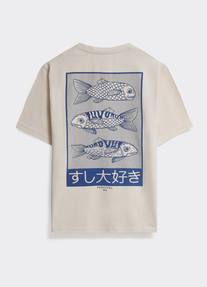 The off-white Percival Tokyo T-Shirt, featuring a large blue fish graphic and Japanese text on the back.