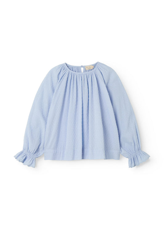 Light blue long-sleeved and loose-fitting blouse for women with embroidery pattern
