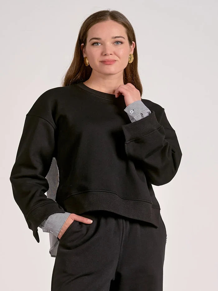 black mixed media top with stripe panel