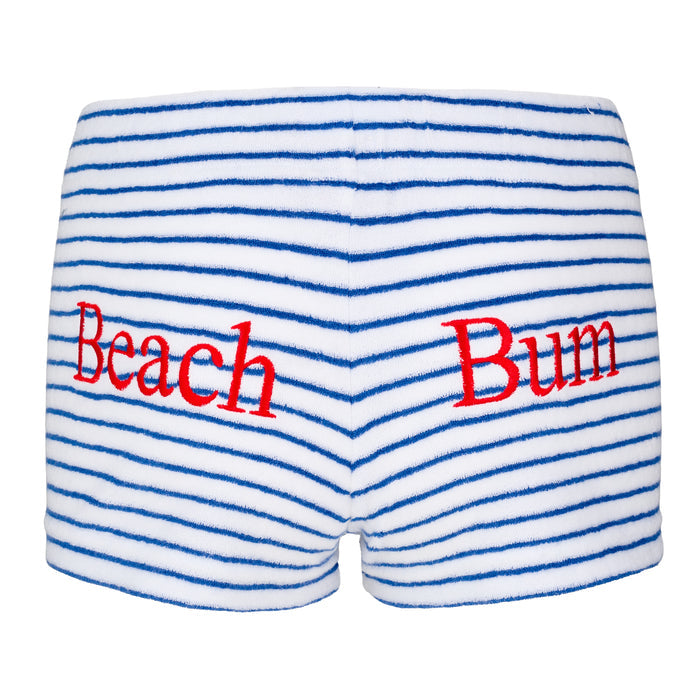 Towelling Beach Bum Hipster Shorts | Marine Stripe w/ Red Embroidery
