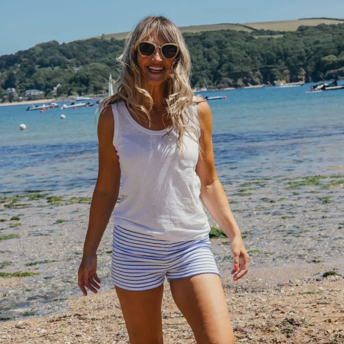 Towelling Beach Bum Hipster Shorts | Marine Stripe w/ Red Embroidery