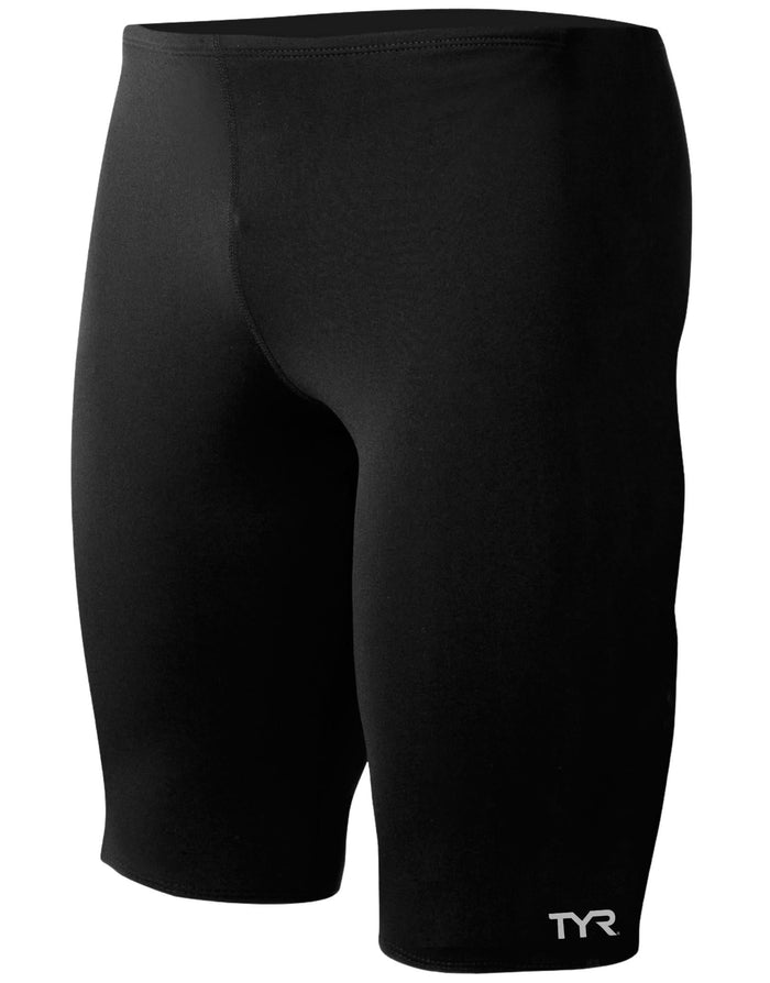 Sleek black TYR Durafast Elite Solid Jammer swim trunks with compression fit