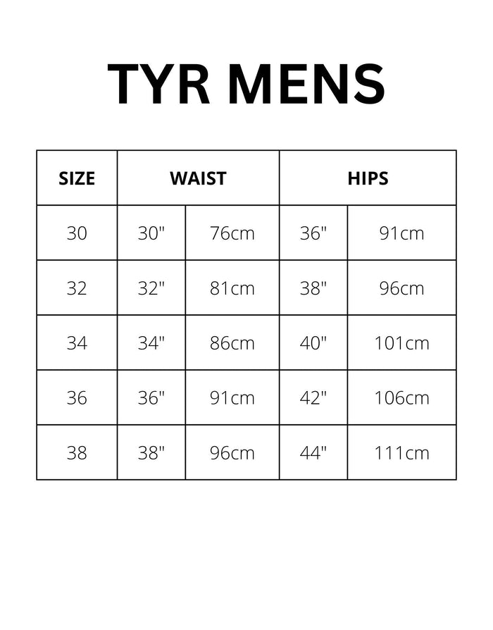 TYR Durafast Elite Solid Jammer mens size chart for swimwear