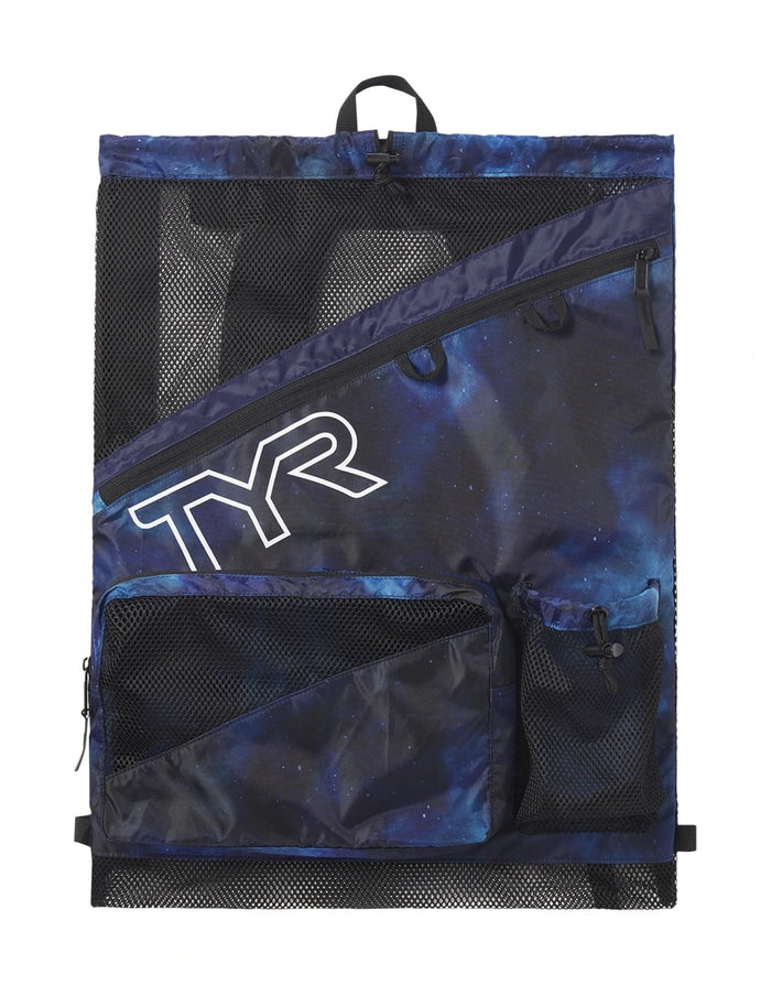 TYR Elite Team 40L mesh limited edition swim bag with blue black design and large front pocket