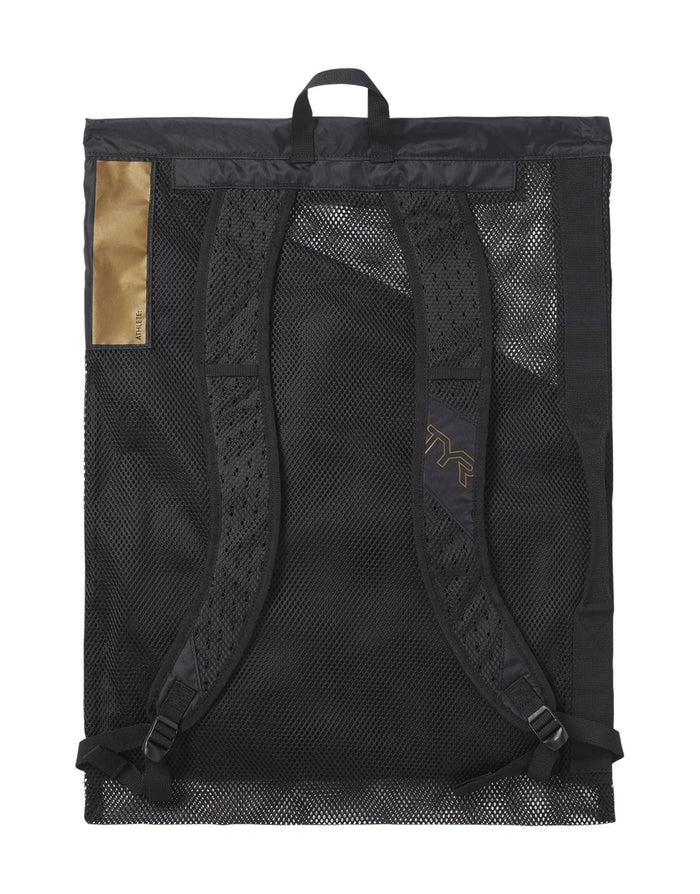 TYR Elite Team limited edition 40L mesh backpack with black gold accents