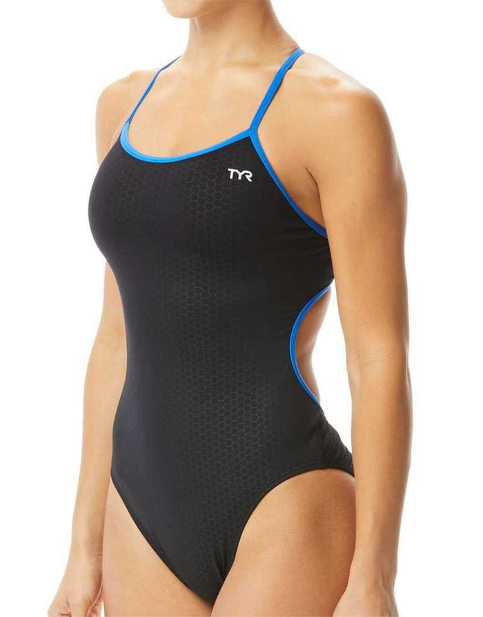 Black TYR Hexa Durafast Elite Trinityfit one-piece swimsuit with blue accents