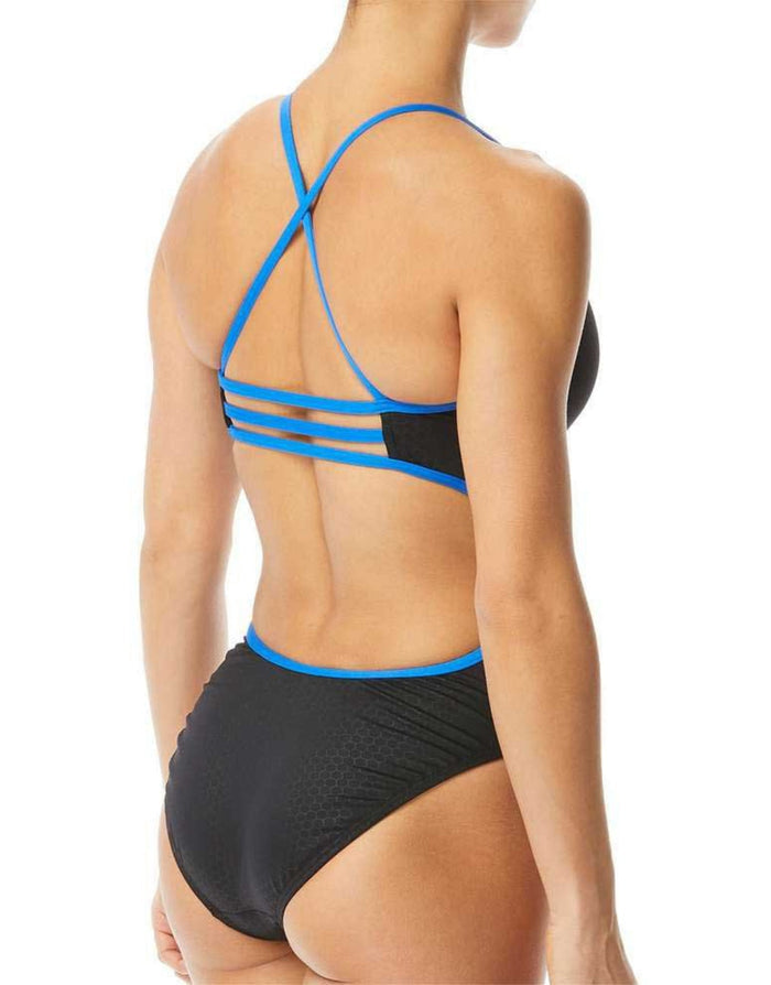 Black and blue strappy TYR Hexa Durafast Elite Trinityfit swimsuit