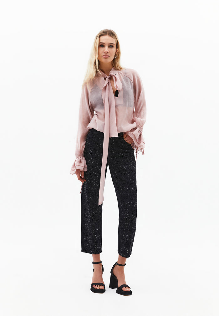 Ultra High Waist Mom Jeans Pants With Stone Details - BLACK DENIM