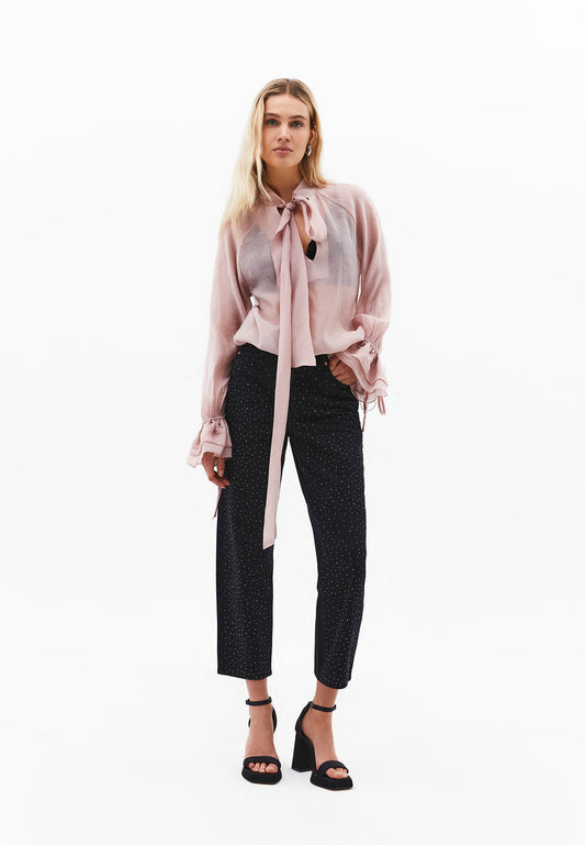 Ultra High Waist Mom Jeans Pants With Stone Details - BLACK DENIM