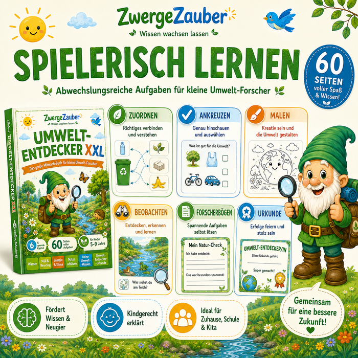 Spielerische Umweltaufgaben für Kinder mit Zuordnen, Ankreuzen, Malen, Beobachten, Forscherbogen und Umwelt-Entdecker-Urkunde