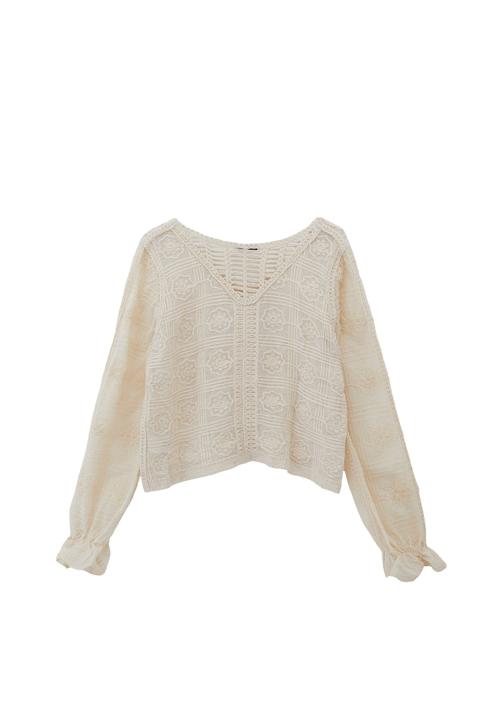 V Neck Embroidered Blouse - ALMOND MILK