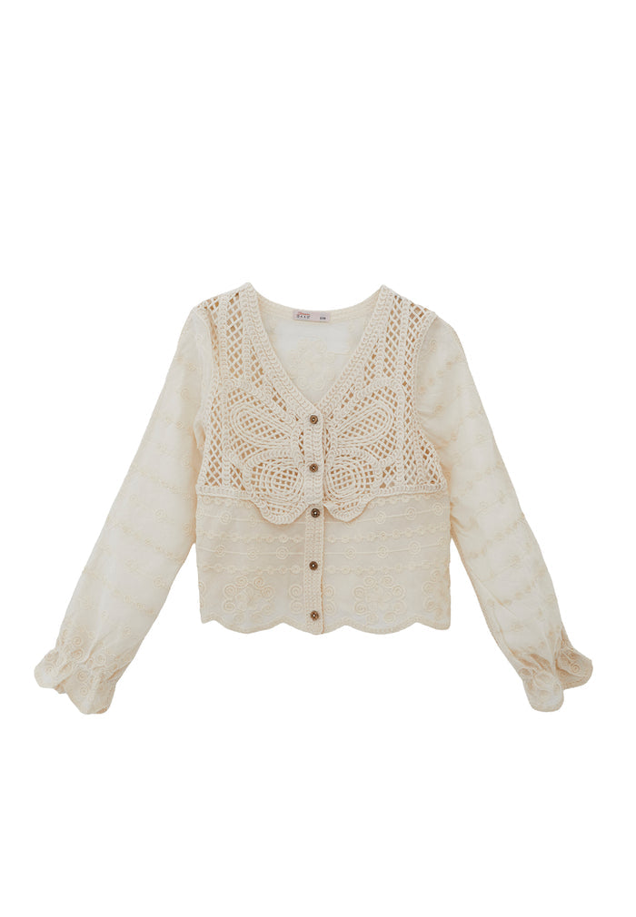 V Neck Long Sleeve Blouse - ALMOND MILK