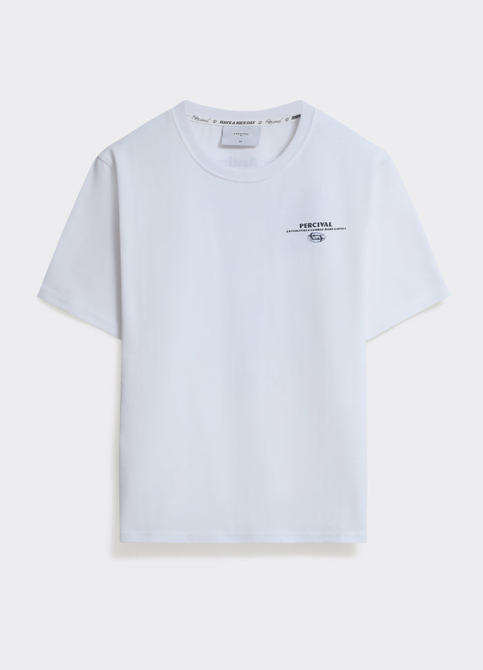 The Percival Vase T Shirt in optic white jersey, featuring a small chest logo, shown flat against a plain background.
