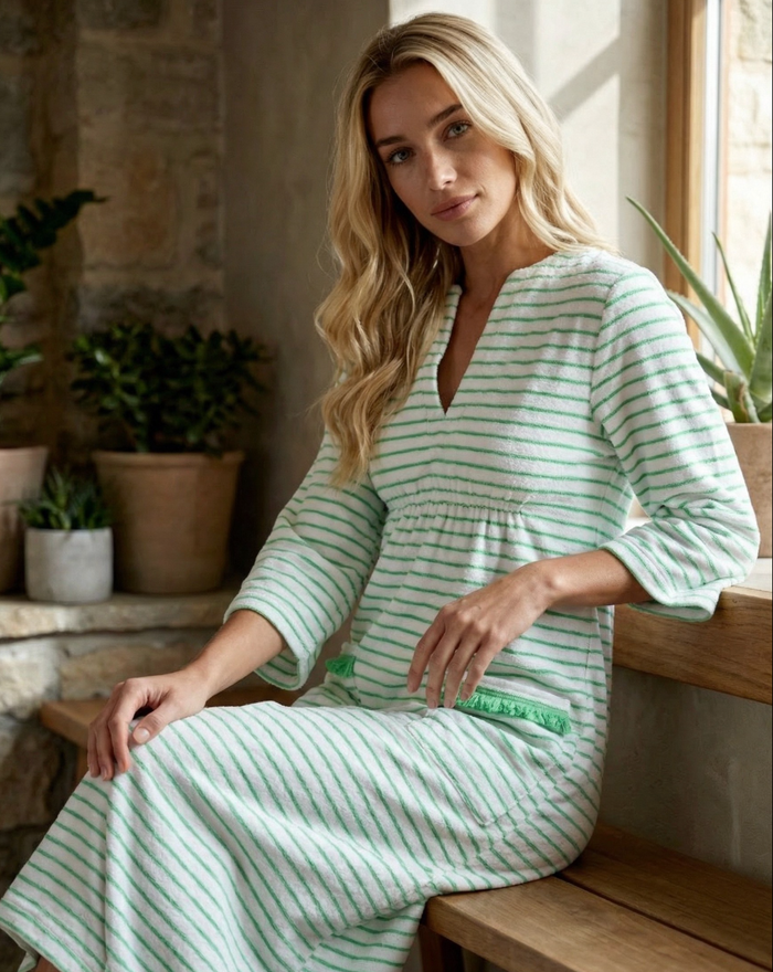Victoria Striped Towelling Beach Dress / Cover Up | White & Apple, Apple Trim
