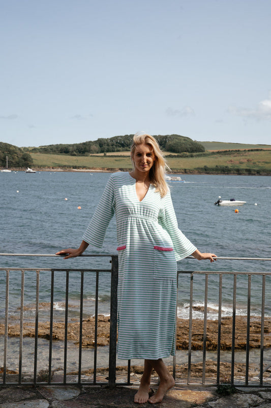 Victoria Striped Towelling Beach Dress / Cover Up | White & Apple, Fuchsia Trim