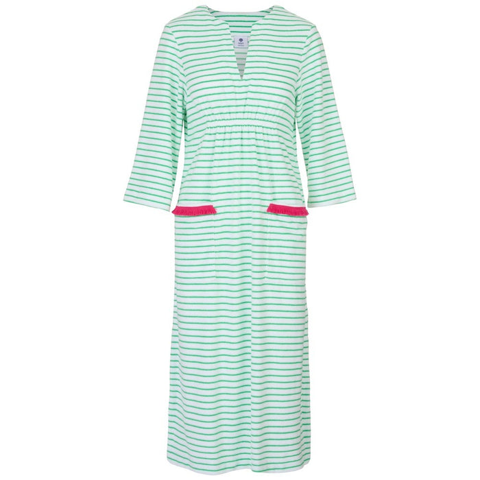 Victoria Striped Towelling Beach Dress / Cover Up | White & Apple, Fuchsia Trim