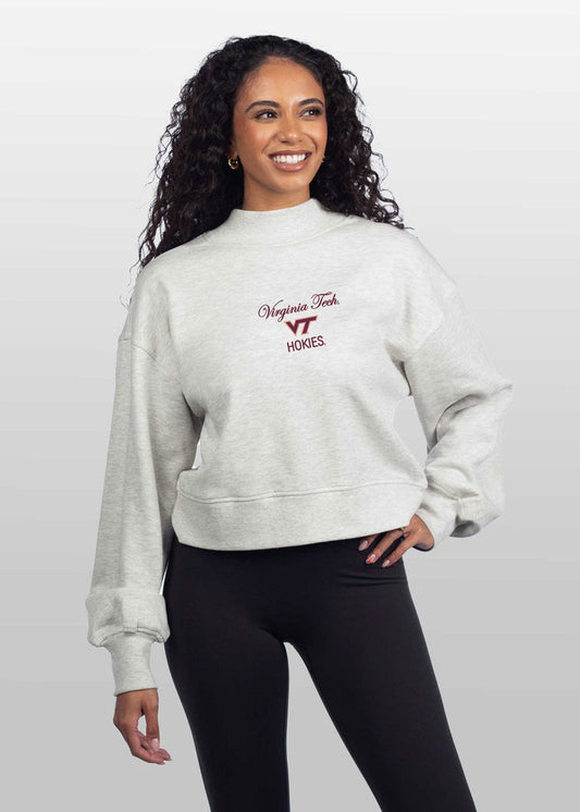 Virginia Tech Hokies Women's Ash-Grey Relaxed, waist-length Heavyweight Fleece Sweatshirt with mock neck, drop shoulders and balloon sleeves