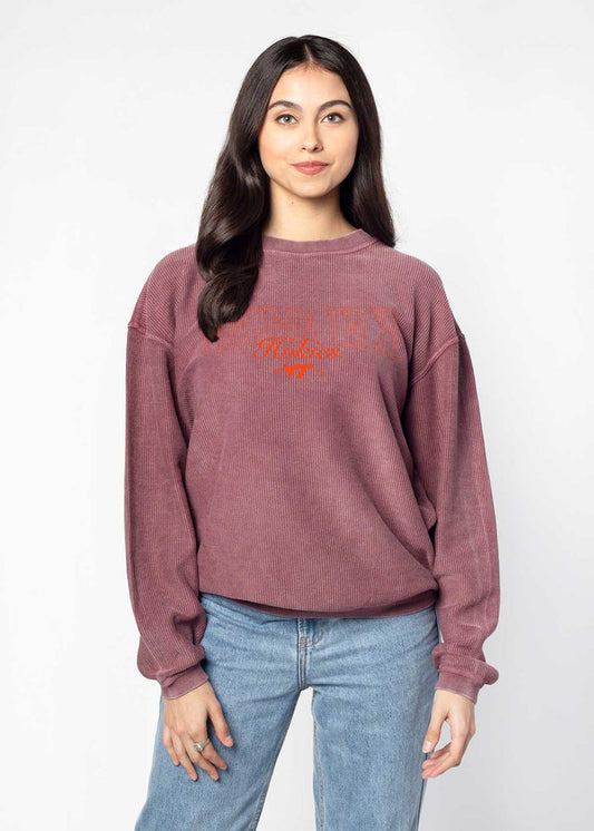 Virginia Tech Hokies Unisex Maroon Oversized Premium cotton corded fleece Sweatshirt with Super soft hand feel, vintage wash and ribbed crew neckline, cuffs, and hemline