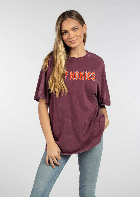 Virginia Tech Hokies Unisex Merlot Oversized Mineral wash T-Shirt with Lived-in feel and look, short sleeve, crew neck and drop shoulders