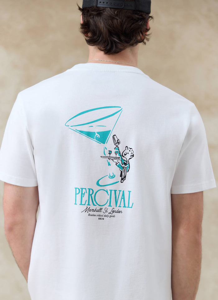 White Percival Walker organic cotton t-shirt, featuring a blue martini and waiter graphic on the back.