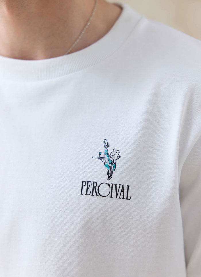 Close-up of the Percival Walker T-shirt in white organic cotton, featuring the hand-drawn waiter graphic on the chest.