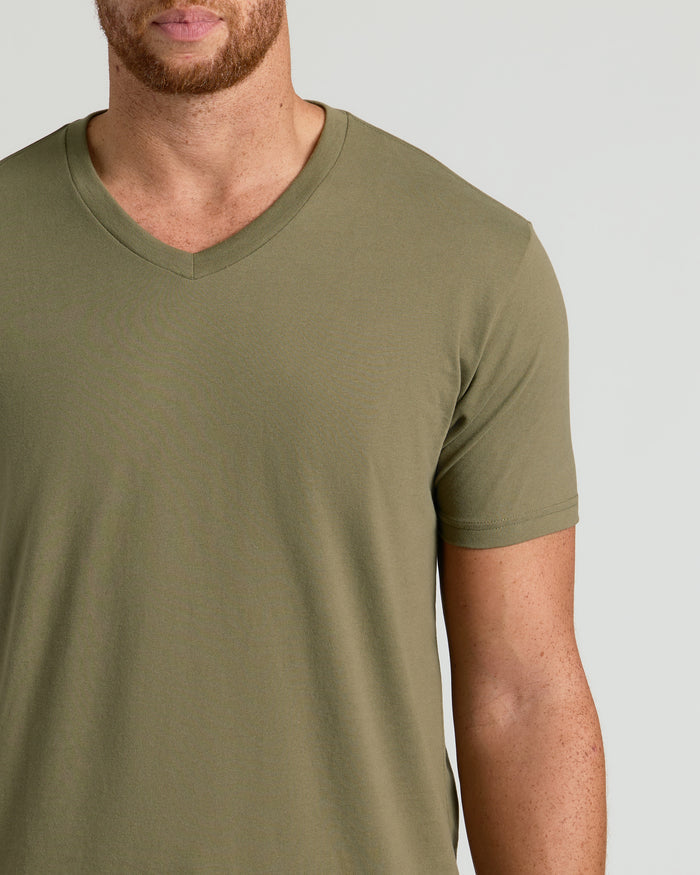Wardrobe Classic Tall V-Neck 10-Pack on model's torso, olive-green.