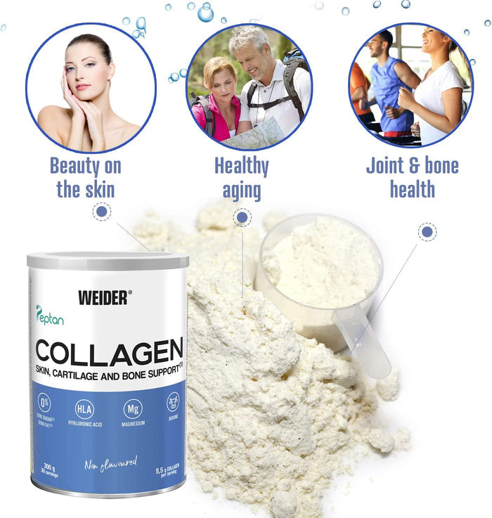 Weider Collagen Peptide Powder with Hyaluronic Acid in a 300g tin, promoting health and beauty, 30-day supply.