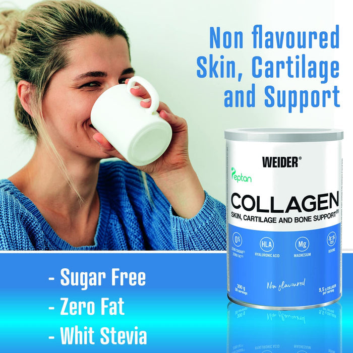Weider Collagen Peptide Powder with Hyaluronic Acid in a 300g tin, health and beauty supplement for skin health.