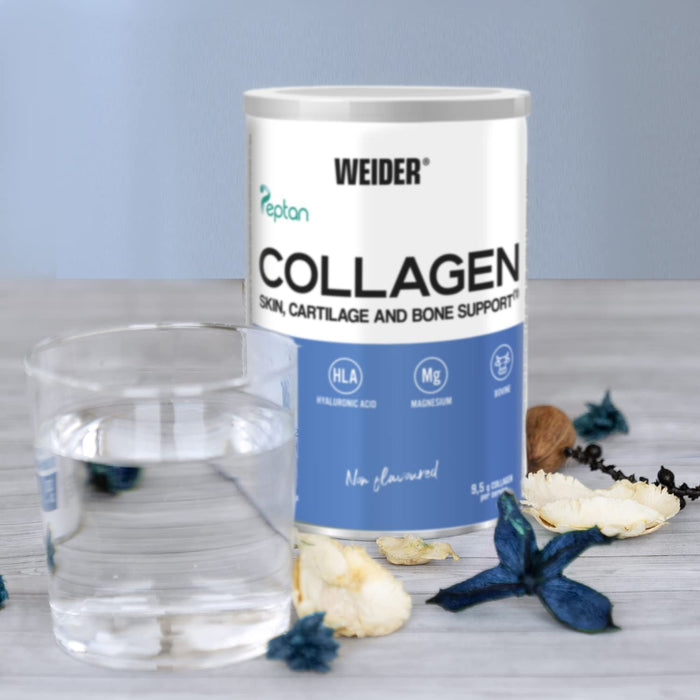 Weider Collagen Peptide Powder with Hyaluronic Acid in a 300g tin, showing the health and beauty supplement container.