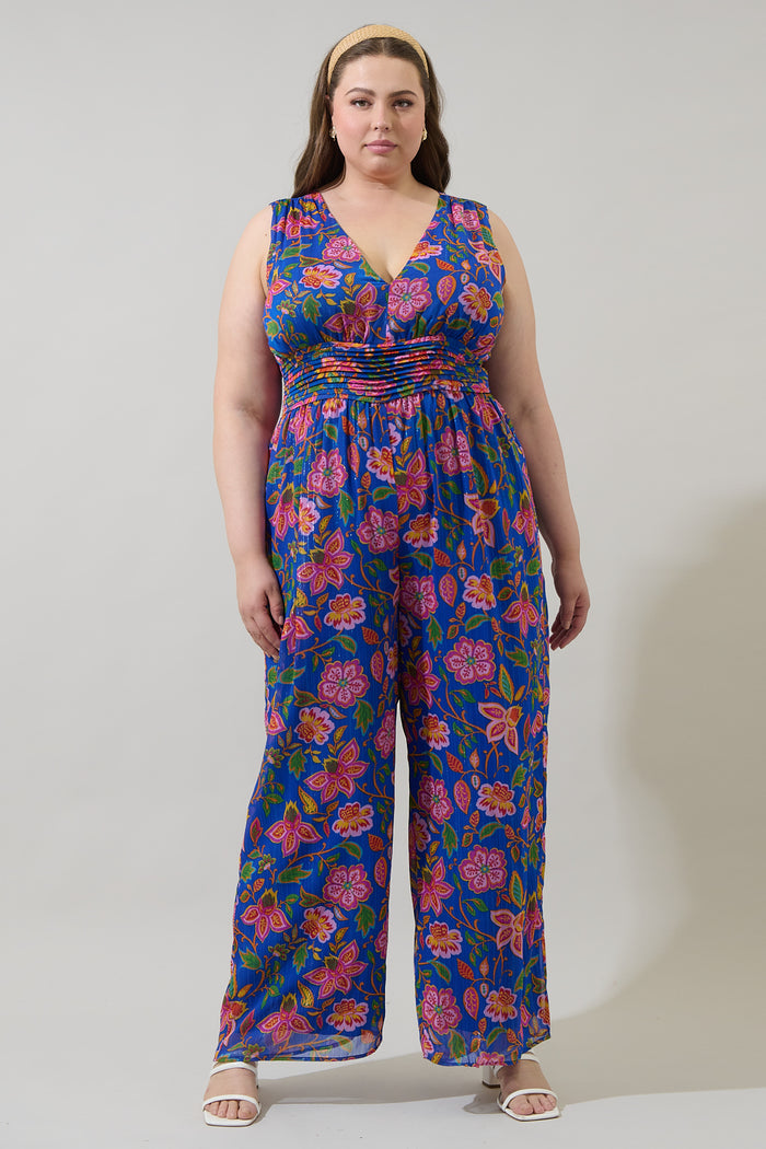 Wendey Floral Tilda Plunging Neckline Jumpsuit Curve