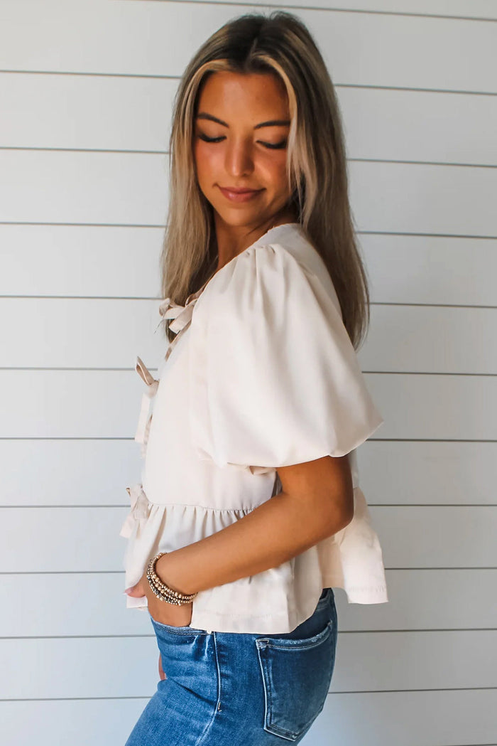 White Bow Tie Short Puff Sleeve Ruffle Hem Blouse - Tops/Blouses & Shirts