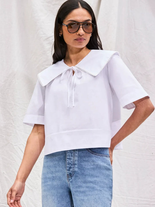 White Cotton Statement-Collar Blouse