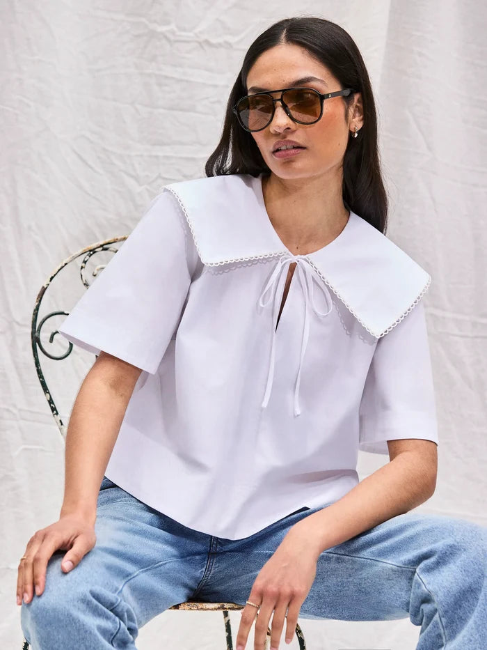 White Cotton Statement-Collar Blouse