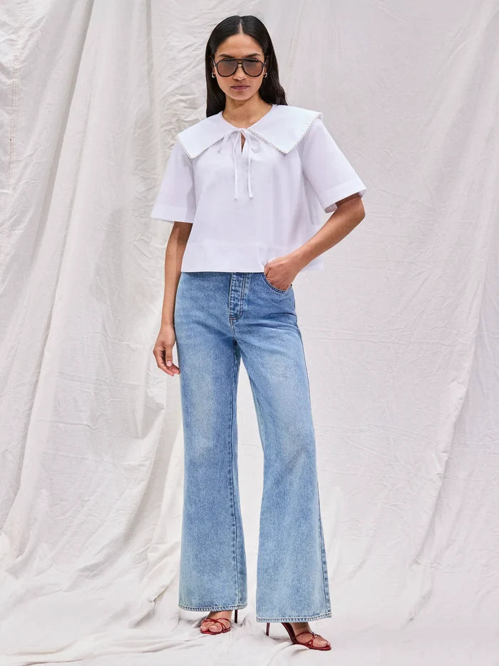 White Cotton Statement-Collar Blouse