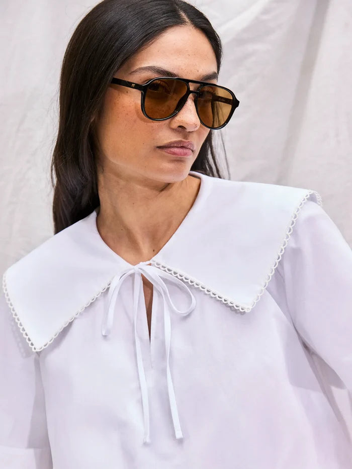 White Cotton Statement-Collar Blouse