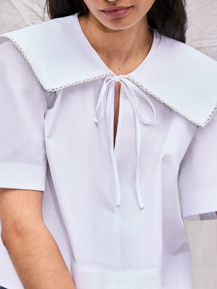 White Cotton Statement-Collar Blouse