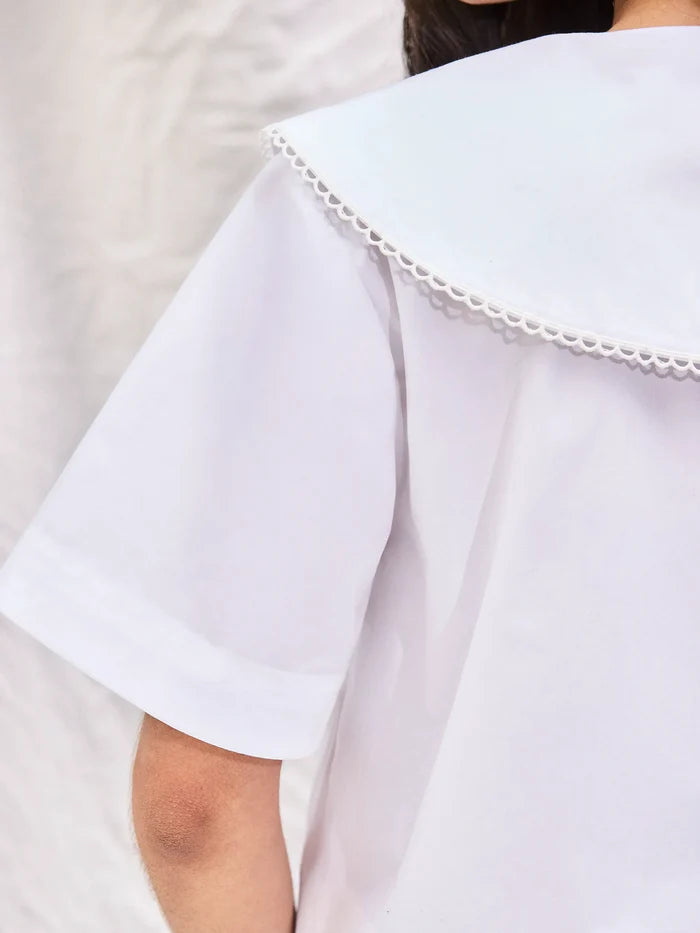 White Cotton Statement-Collar Blouse