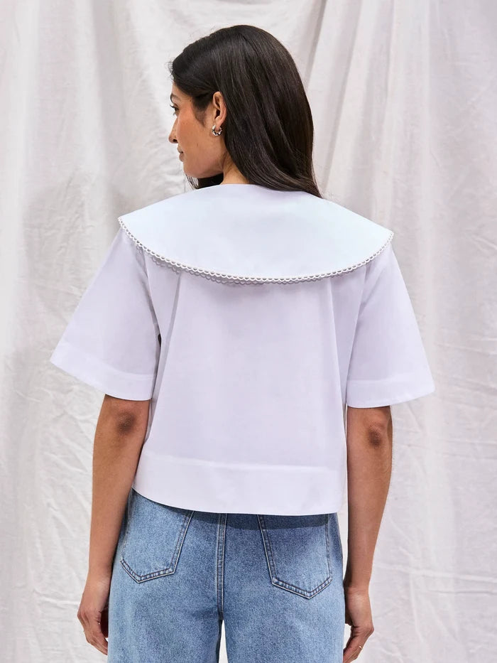 White Cotton Statement-Collar Blouse