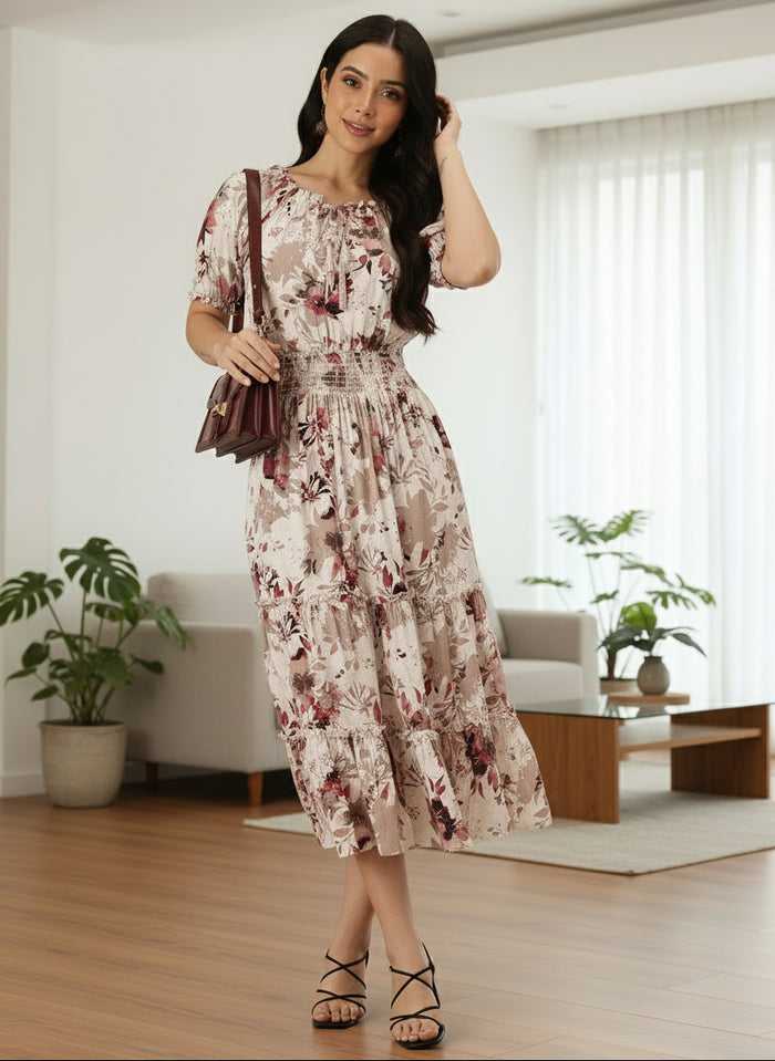 White Floral Print Off-Shoulder Puff Sleeve Fit & Flare Midi Dress, midi dress, dress, women’s western wear, party wear dress, casual wear dress