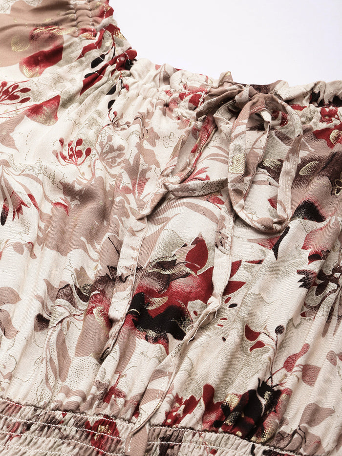 White Floral Print Off-Shoulder Puff Sleeve Fit & Flare Midi Dress, midi dress, dress, women’s western wear, party wear dress, casual wear dress