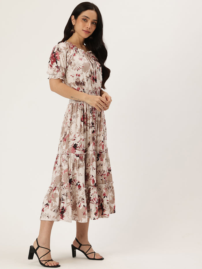 White Floral Print Off-Shoulder Puff Sleeve Fit & Flare Midi Dress, midi dress, dress, women’s western wear, party wear dress, casual wear dress