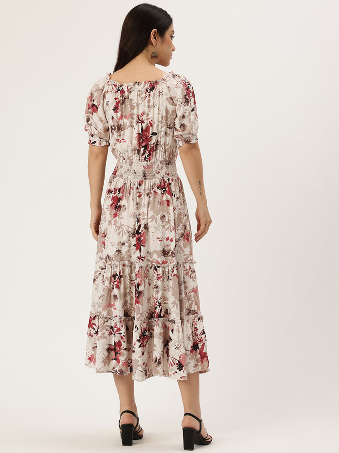 White Floral Print Off-Shoulder Puff Sleeve Fit & Flare Midi Dress, midi dress, dress, women’s western wear, party wear dress, casual wear dress