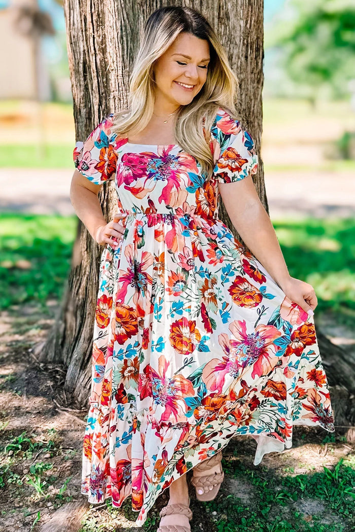 White Floral Square Neck Puff Sleeve Flowy Plus Size Midi Dress - Size/Plus Dresses/Plus Dresses