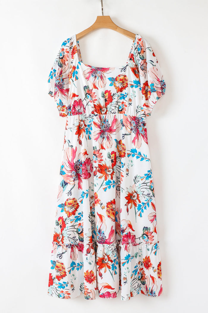 White Floral Square Neck Puff Sleeve Flowy Plus Size Midi Dress - Size/Plus Dresses/Plus Dresses