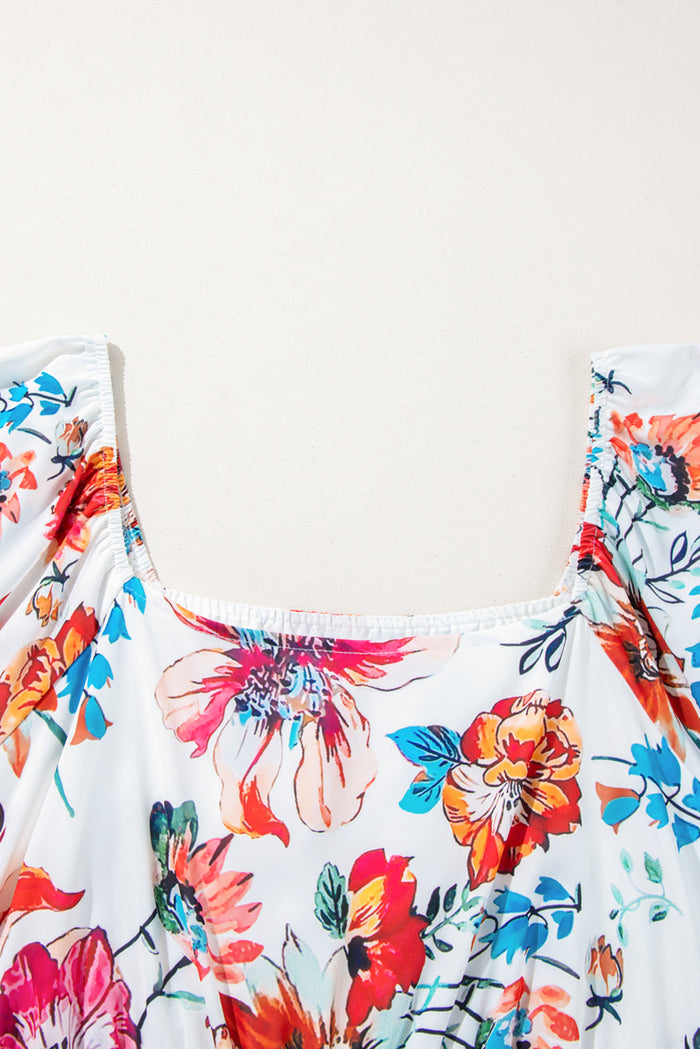 White Floral Square Neck Puff Sleeve Flowy Plus Size Midi Dress - Size/Plus Dresses/Plus Dresses