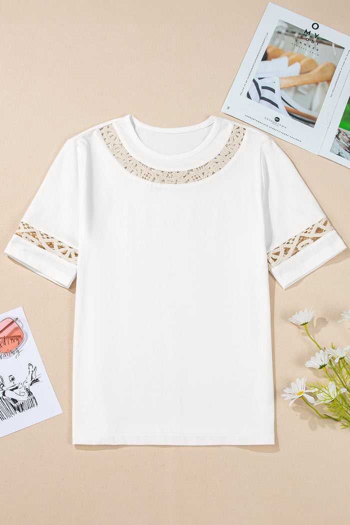 White Lace Crochet Crew Neck Casual T Shirt - Tops/Tops & Tees