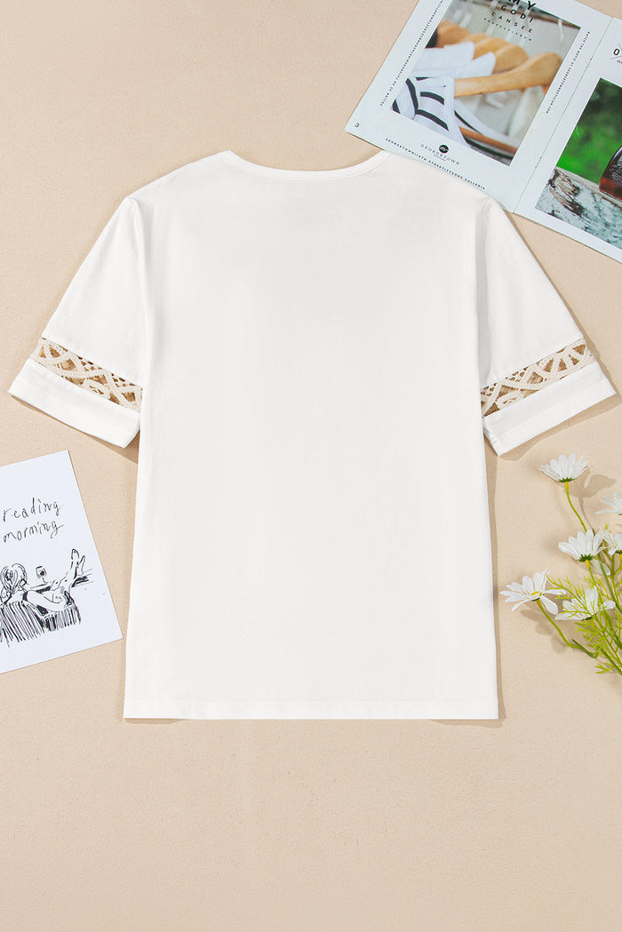 White Lace Crochet Crew Neck Casual T Shirt - Tops/Tops & Tees