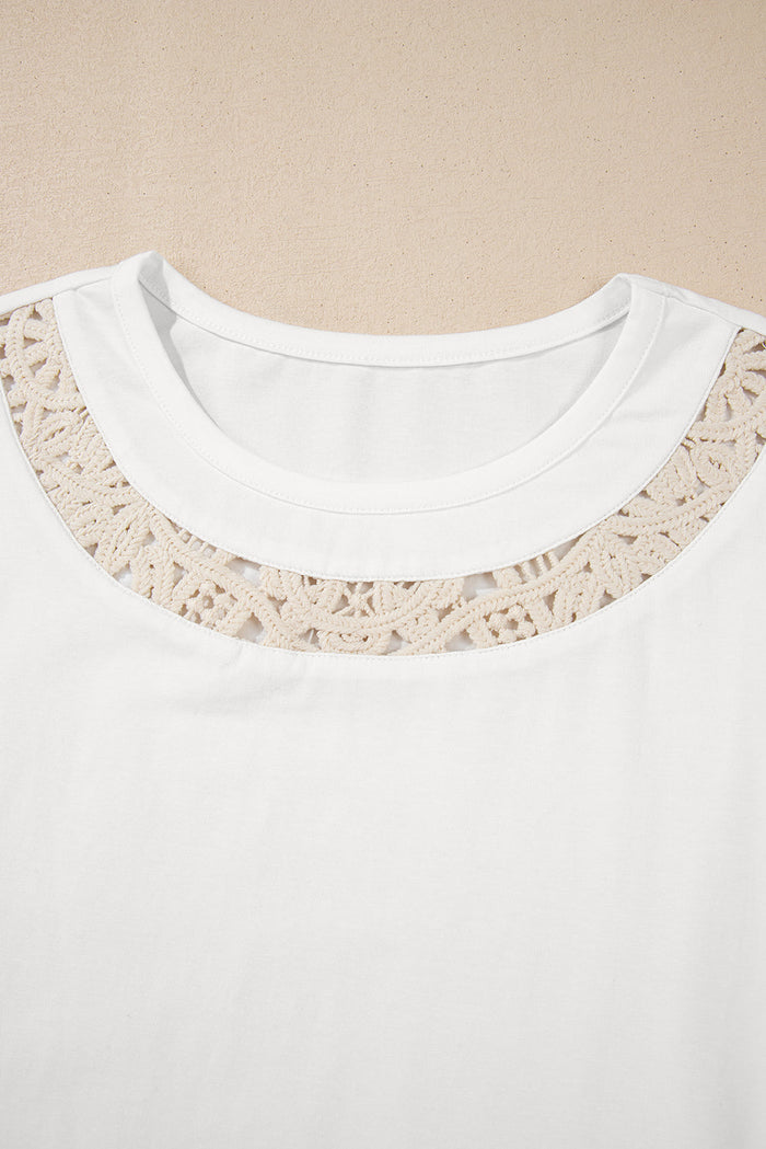 White Lace Crochet Crew Neck Casual T Shirt - Tops/Tops & Tees