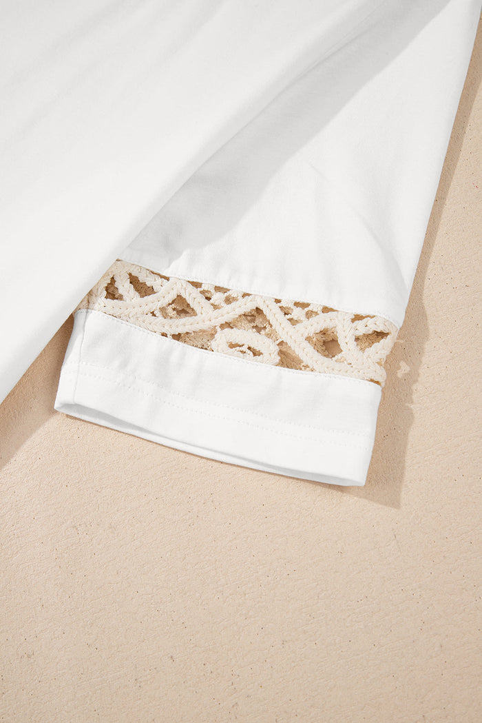 White Lace Crochet Crew Neck Casual T Shirt - Tops/Tops & Tees